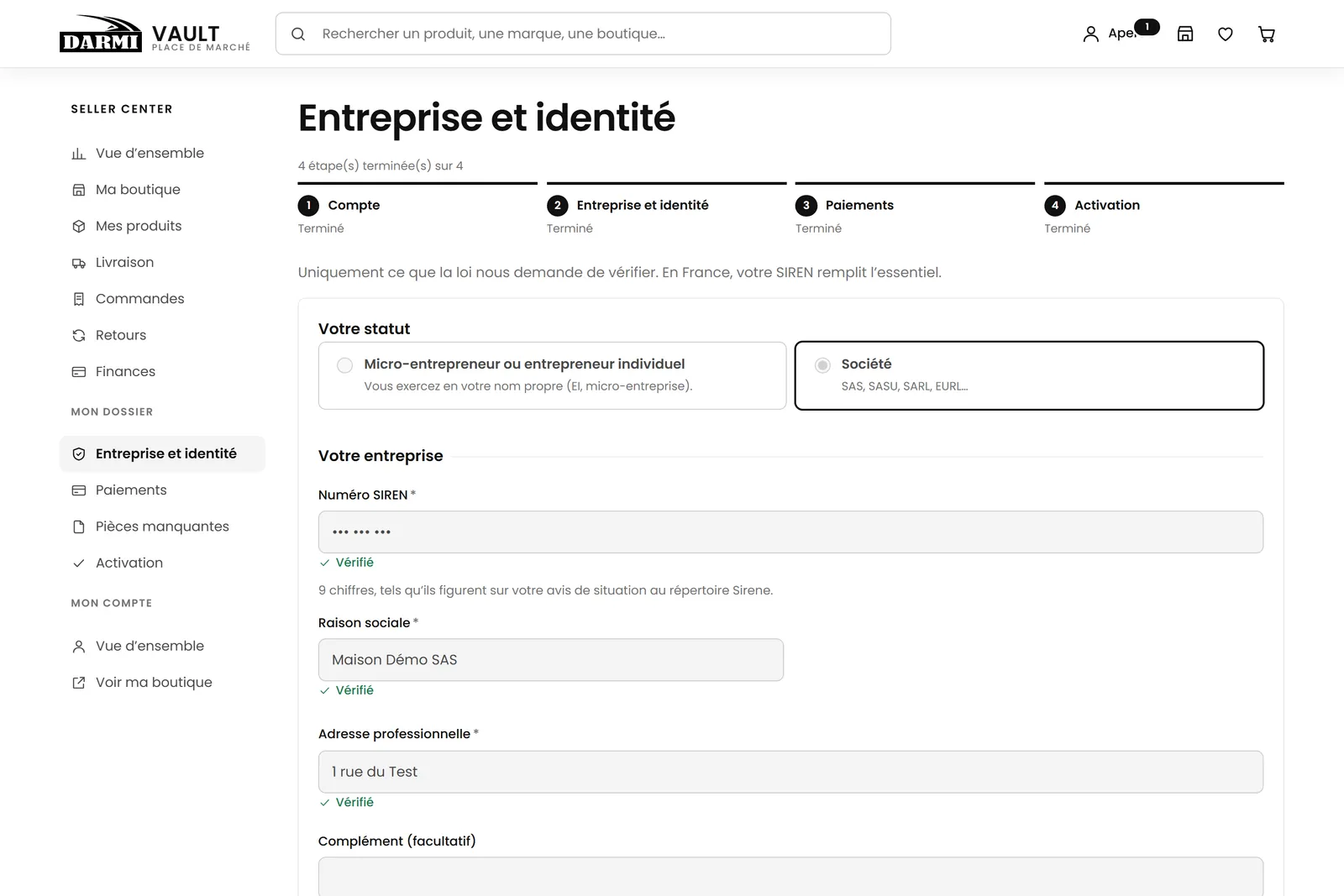 Seller application: business and representative details.