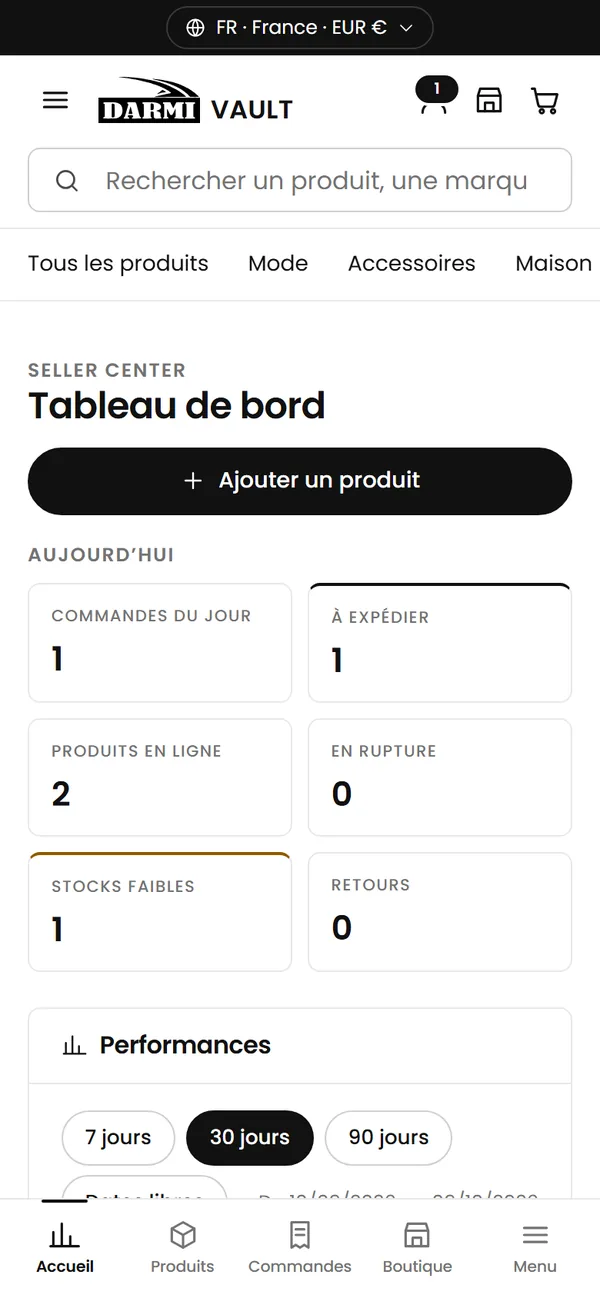 Tableau de bord du Seller Center sur téléphone, avec la barre d’onglets en bas de l’écran.