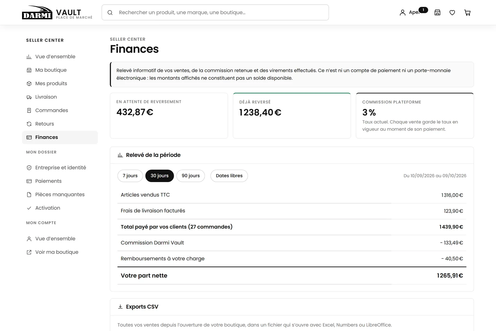 Écran « Finances » : relevé de la période, exports CSV et registre des ventes.
