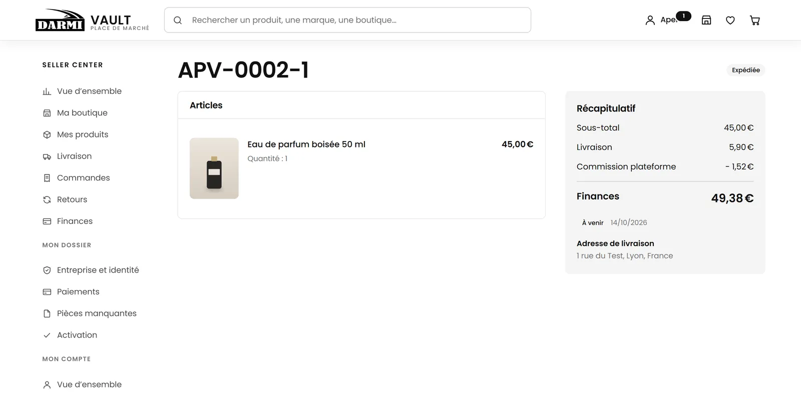 Détail d’une commande vendeur : articles, adresse de livraison et expédition.