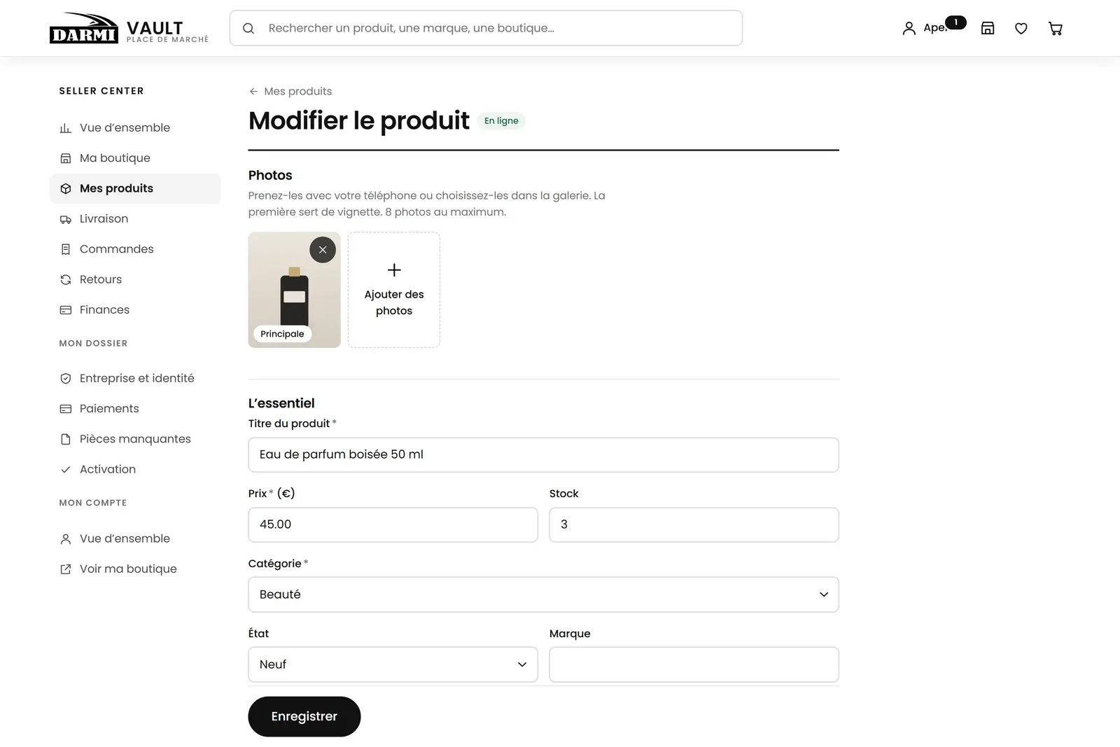Product page in the Seller Center: title, description, price, stock and photos.