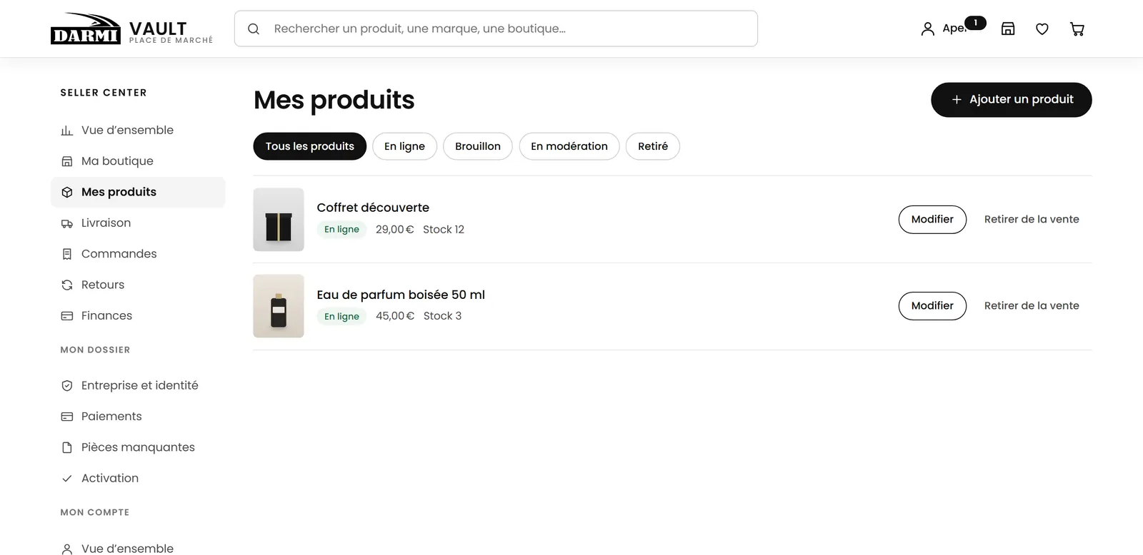 Liste des produits dans le Seller Center, avec leur statut et leur stock.