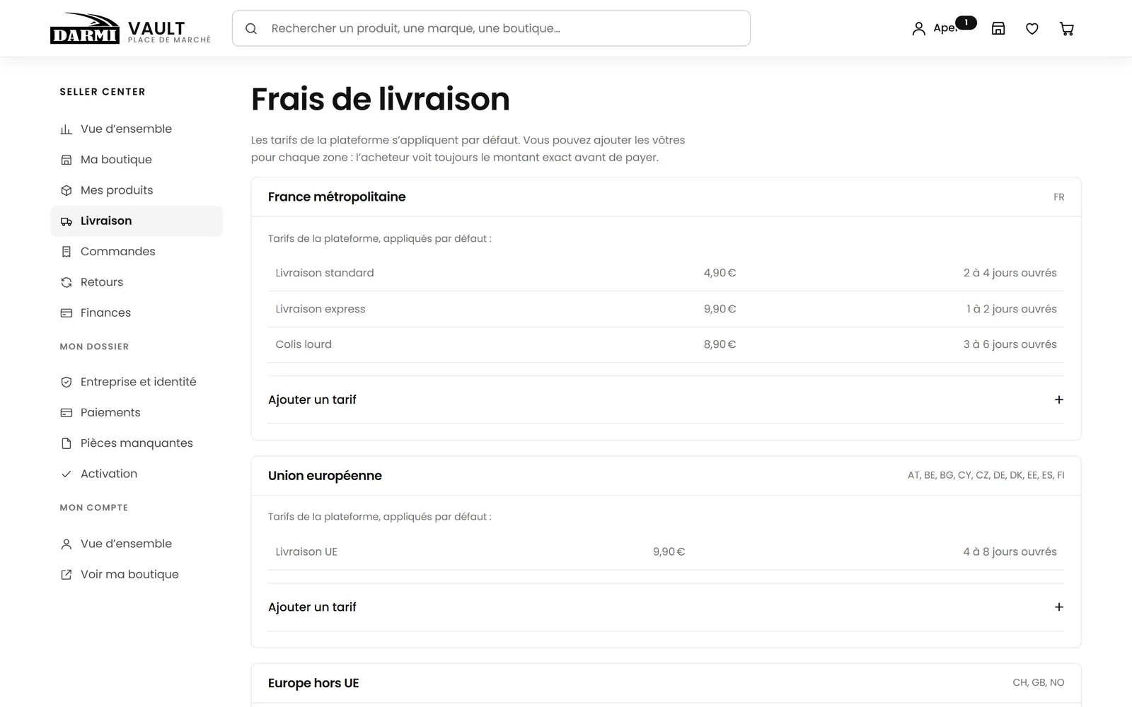 Écran « Livraison » : tarifs de la plateforme et tarifs personnalisés par zone.