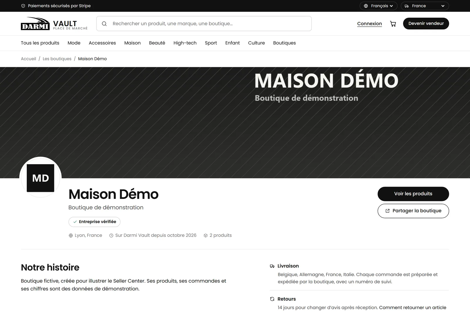 Page publique d’une boutique de démonstration : bannière, logo, présentation et produits.