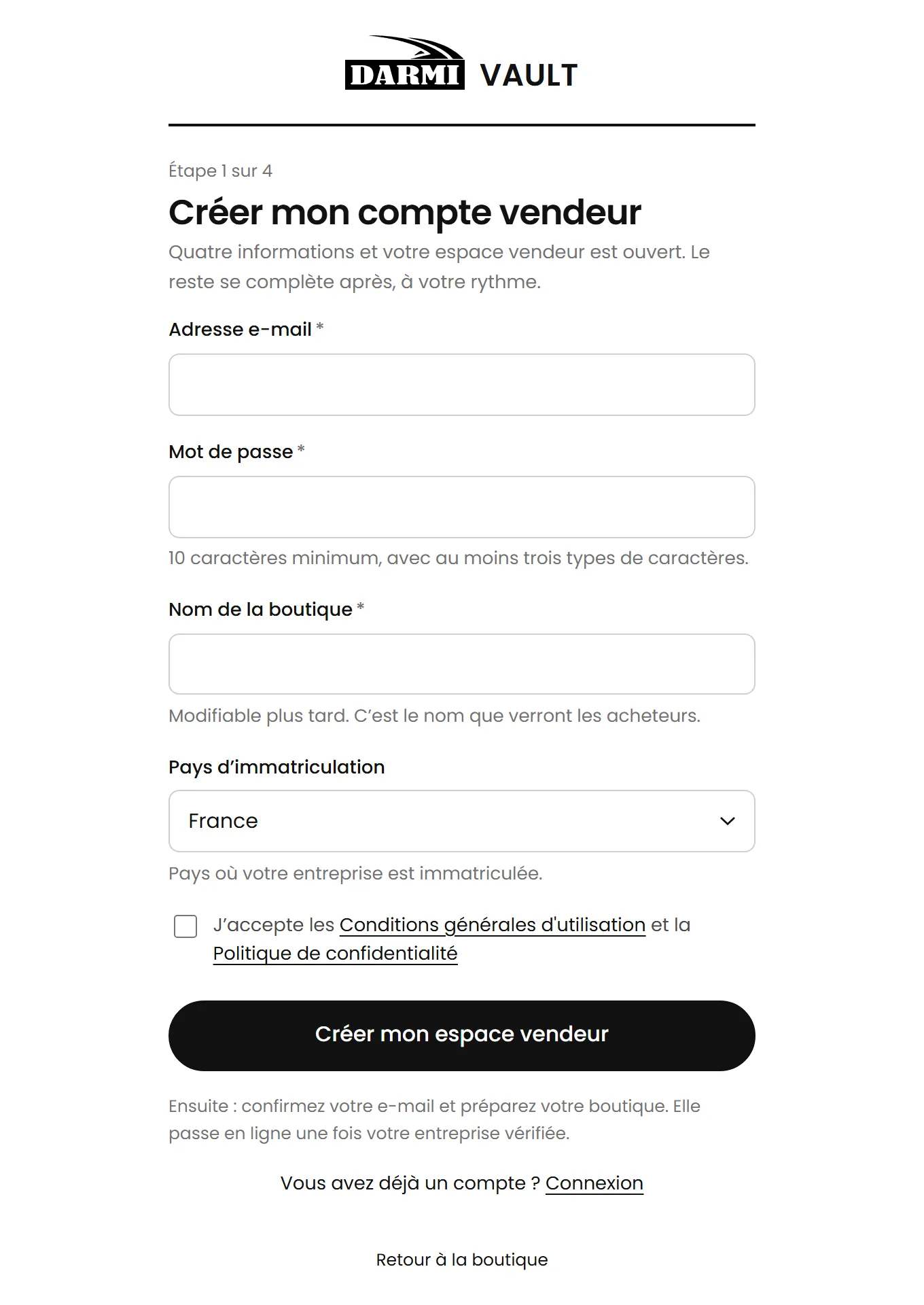 Seller sign-up form: email address, password, shop name and country.