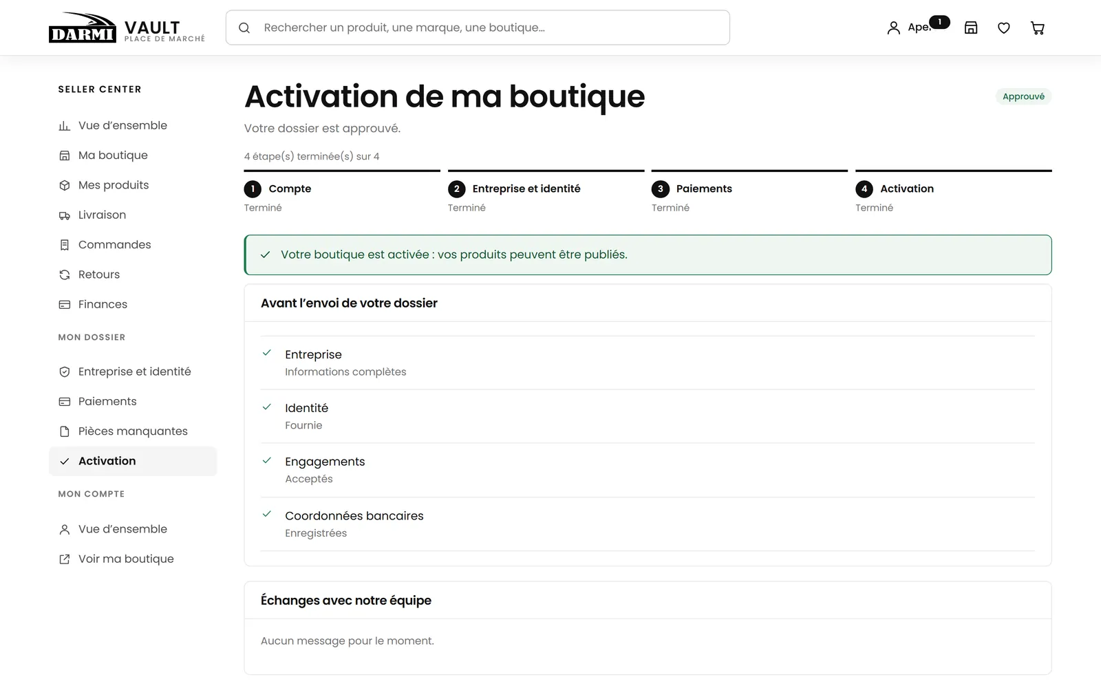 Activation page: application progress and what’s still needed.