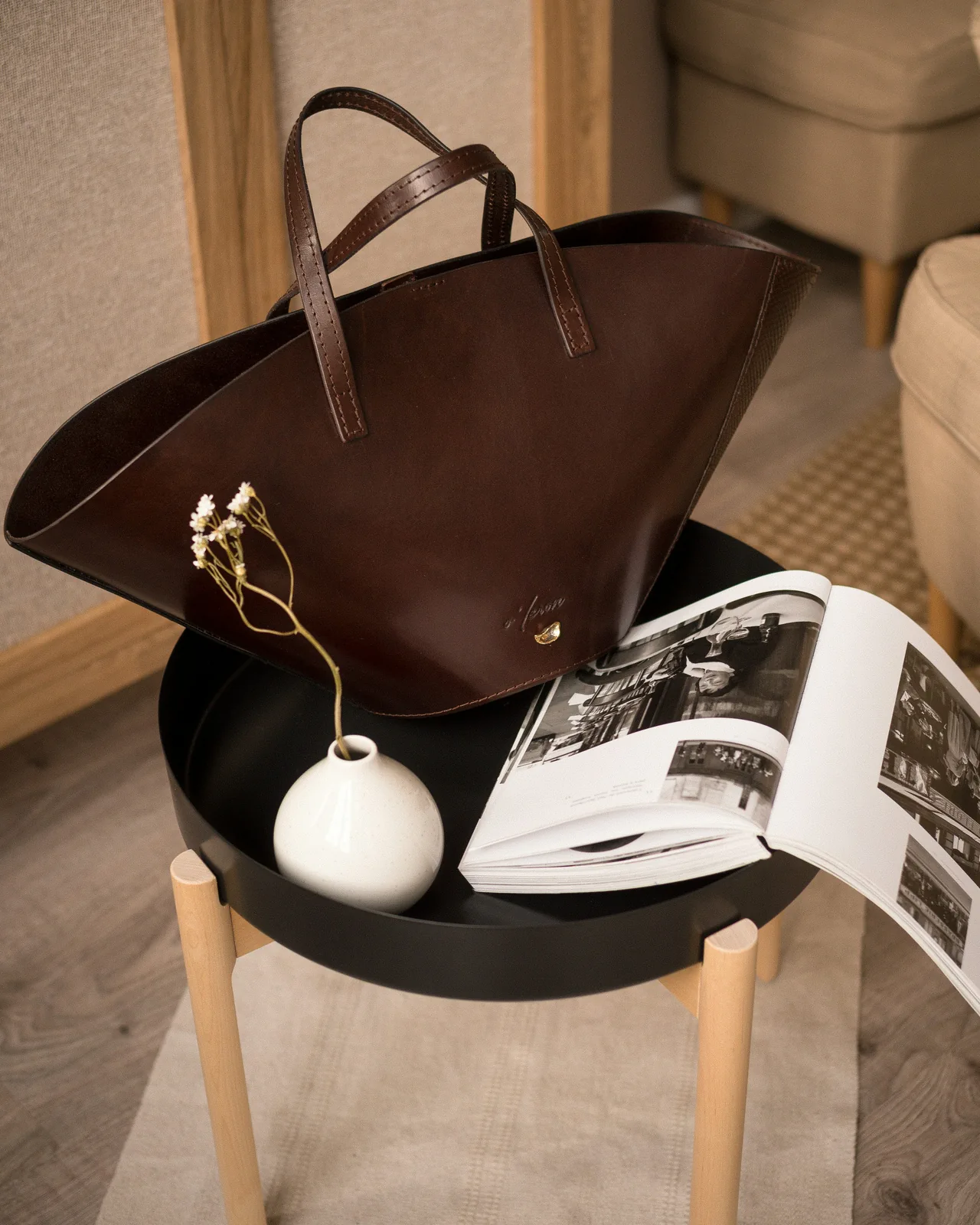 Brown leather tote bag, product photograph