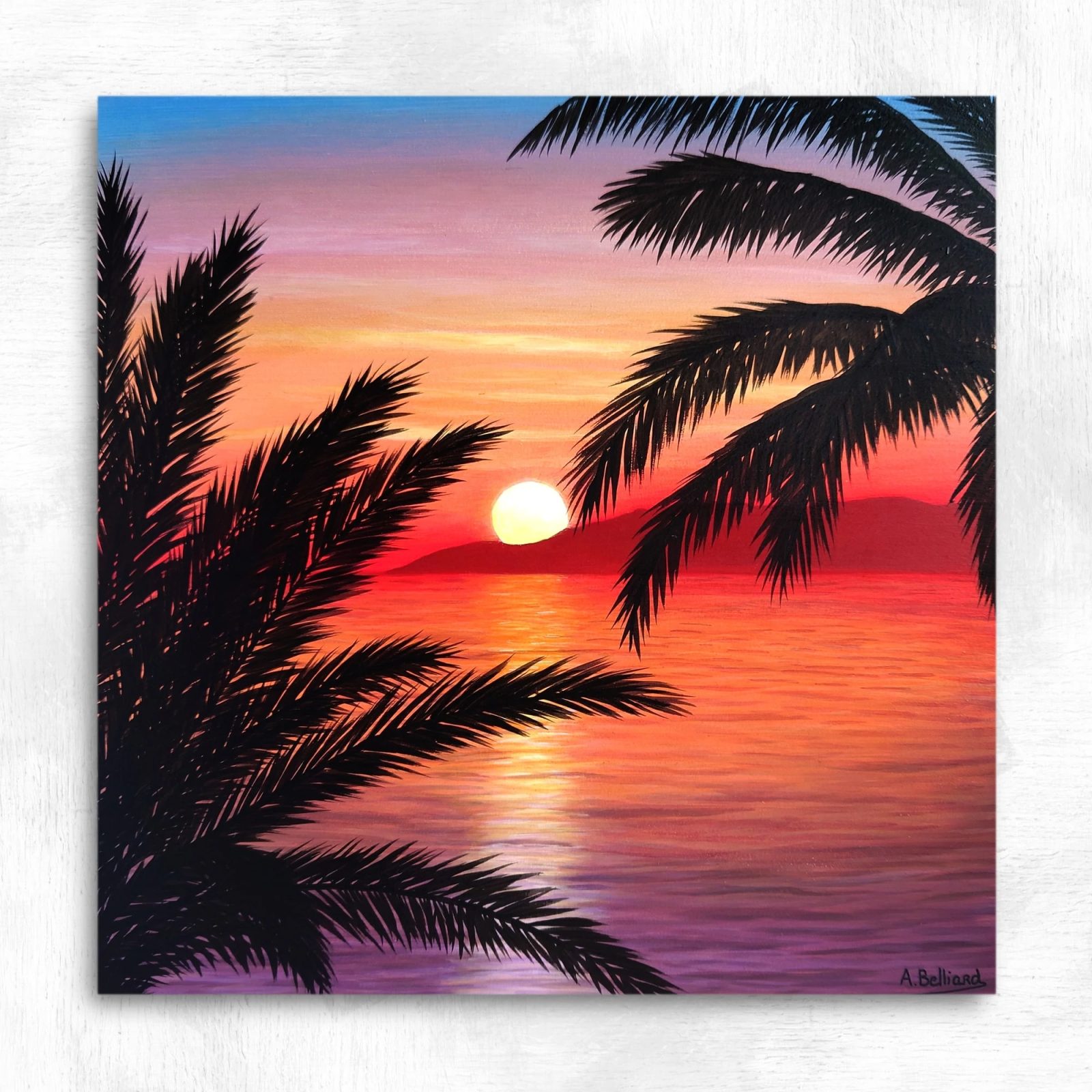 Tableau coucher de soleil océan tropical - paysage marin "Souvenir des îles"