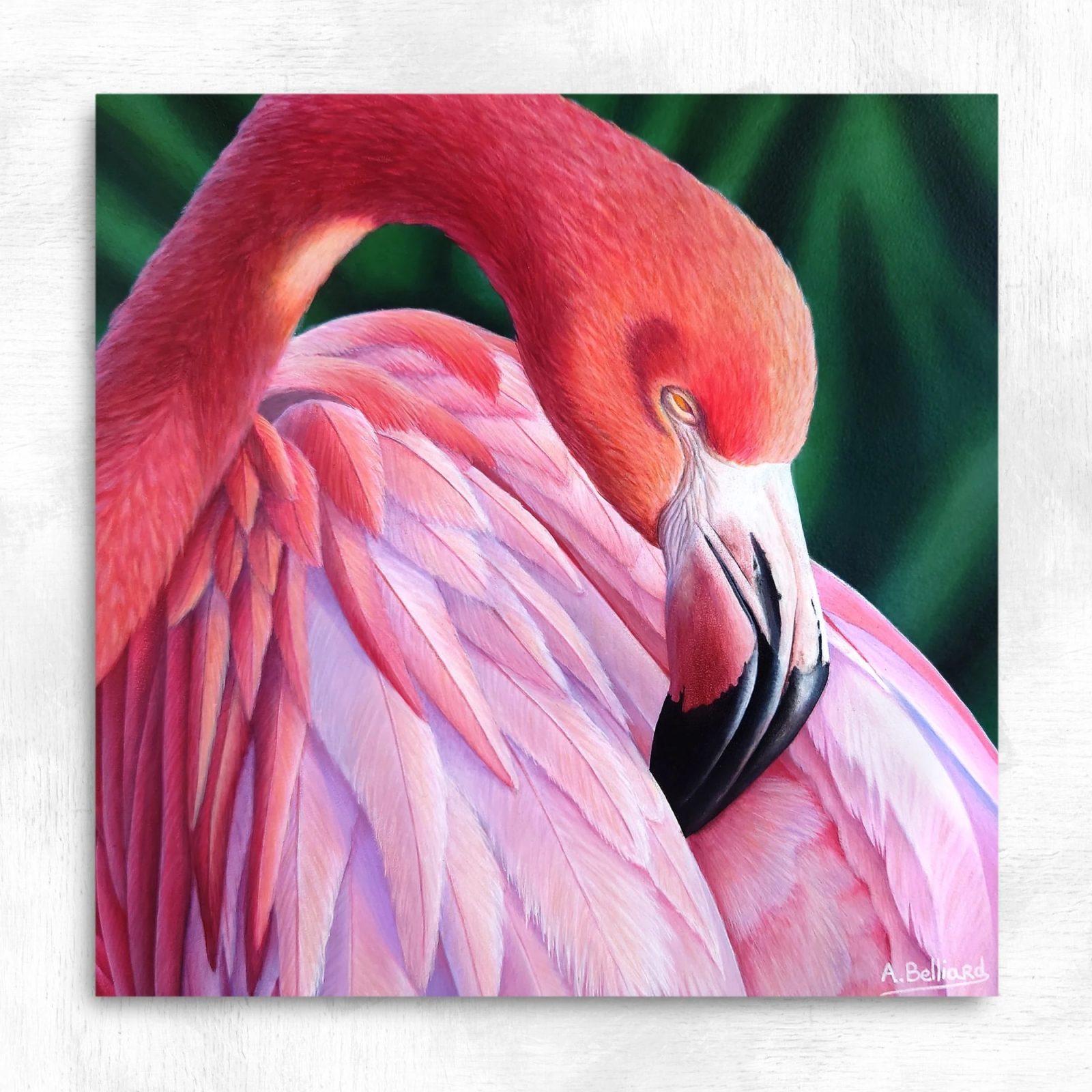 Tableau flamant rose tropical - peinture oiseau exotique "Instant flamboyant"