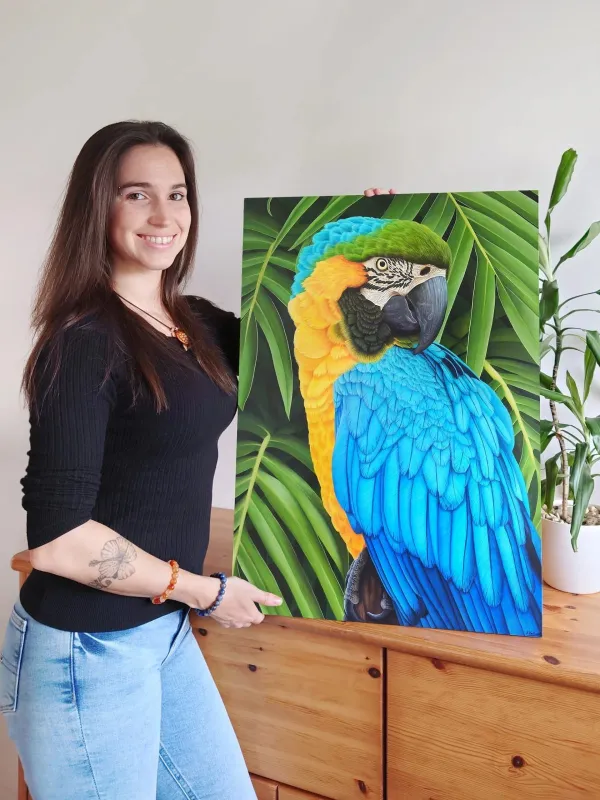Tableau perroquet ara tropical - peinture jungle exotique "Écho de liberté" – view 3