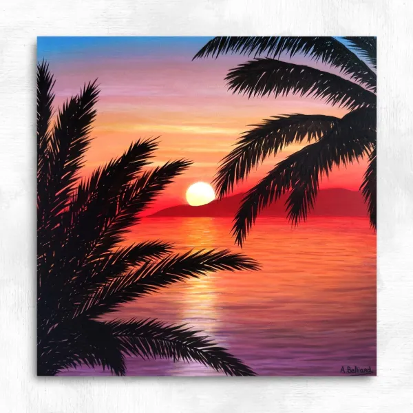 Tableau coucher de soleil océan tropical - paysage marin "Souvenir des îles"