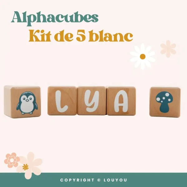 5 Cubes en Bois de 5cm x 5cm + 66 Stickers blancs – view 2