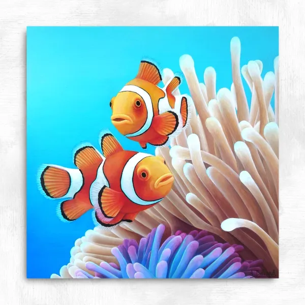 Tableau poissons clowns et anémones - peinture océan tropical "Symbiose de l’océan"
