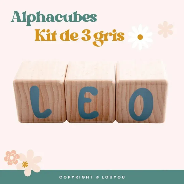3 Cubes en Bois de 5cm x 5cm + 47 Stickers Gris – view 2