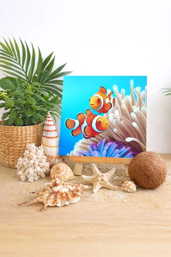 Tableau poissons clowns et anémones - peinture océan tropical "Symbiose de l’océan" – vue 2