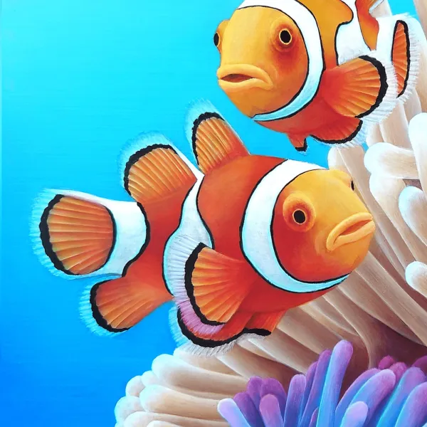 Tableau poissons clowns et anémones - peinture océan tropical "Symbiose de l’océan" – vue 6