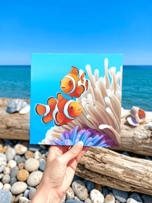 Tableau poissons clowns et anémones - peinture océan tropical "Symbiose de l’océan" – vue 3