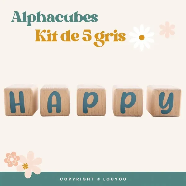 5 Cubes en Bois de 5cm x 5cm + 66 Stickers gris – view 4