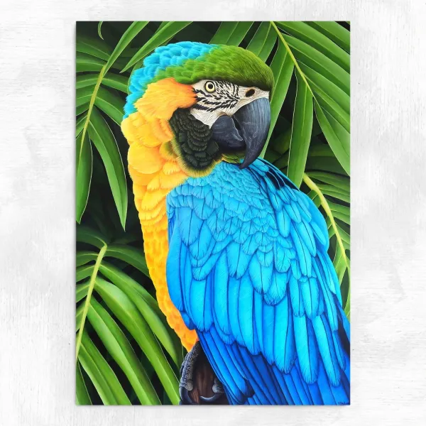 Tableau perroquet ara tropical - peinture jungle exotique "Écho de liberté"