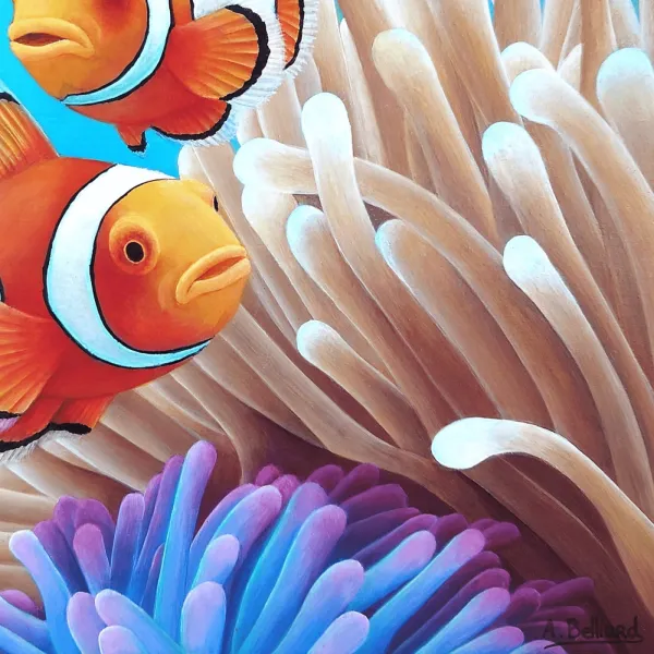 Tableau poissons clowns et anémones - peinture océan tropical "Symbiose de l’océan" – vue 7
